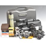 Collectable cameras comprising Panasonic M10 video camera, Exakta VX1000 SLR with Zeiss 2/50 and