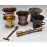 Five 18th/19thC bronze/brass mortars and two pestles, height of largest 10cm