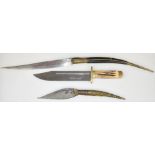 J Howell & Son bowie knife with brass crosspiece and 25cm single edged blade, together with two