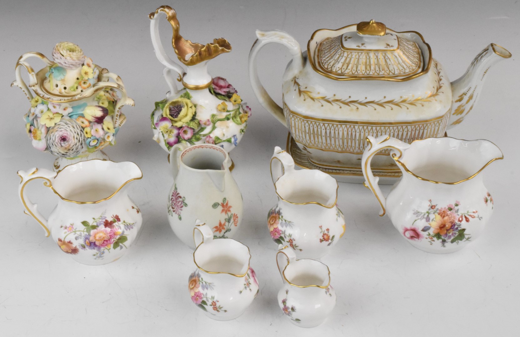 19thC teapot and underplate, Coalbrookdale ewer and covered twin handled vase, and a set of five