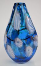 Murano style glass vase with aventurine and stylized shell decoration on blue ground, 34 cm tall.