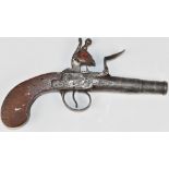 Queen Anne flintlock pistol with shaped wooden grips and 2.25 inch smooth bored turn-off barrel,