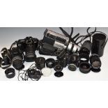 Cameras, lenses and accessories including Canon T90 SLR with 35-105mm 1:3.5-4.5 lens, Vivitar 28-