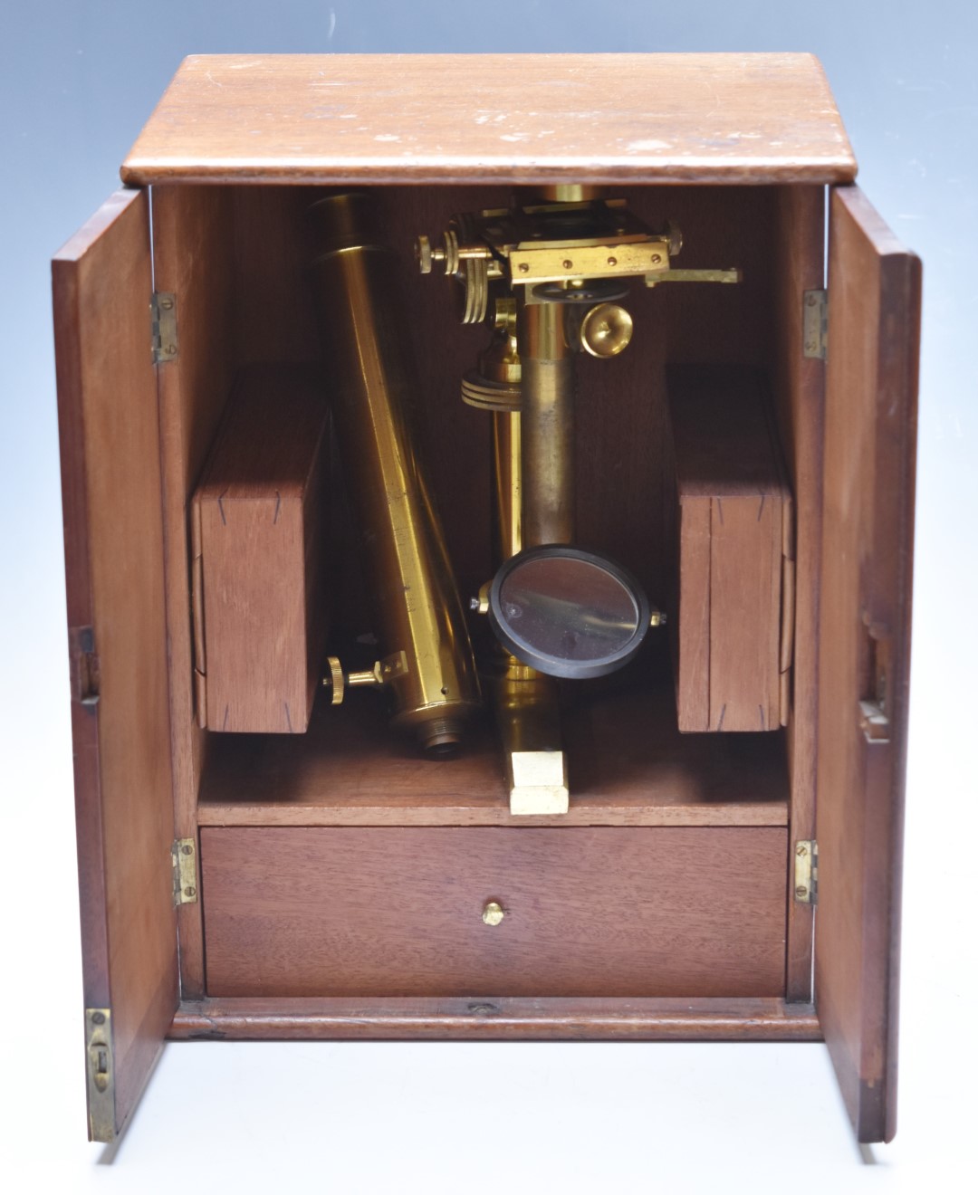 John Davis Derby 19thC brass microscope in mahogany case with two cases of slides and accessories