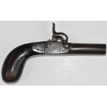 Belgian percussion hammer action pocket pistol with engraved lock, underside, top plate, hammer