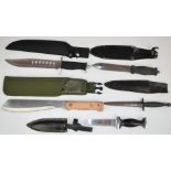 Five various knives including military style machete and sheath (blade length 26cm), hunting knife