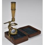 19thC Cary Gould-type pocket monocular microscope (unsigned), in velvet lined mahogany case with