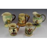 Five musical jugs including Crown Devon, Sylvac and Royal Winton, tallest 19cm