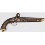 Flintlock hammer action sea service pistol with brass butt plate, trigger guard and mounts, belt