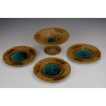 Rubelles S & M 19thC reticulated majolica tazza and three plates, H14 x D23.5cm