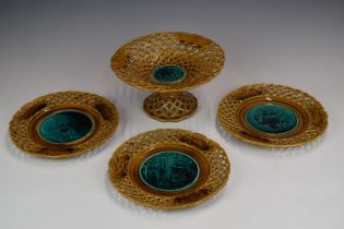 Rubelles S & M 19thC reticulated majolica tazza and three plates, H14 x D23.5cm