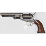 Colt 1849 .31 single-action pocket revolver with shaped wooden grips, silver plated trigger guard