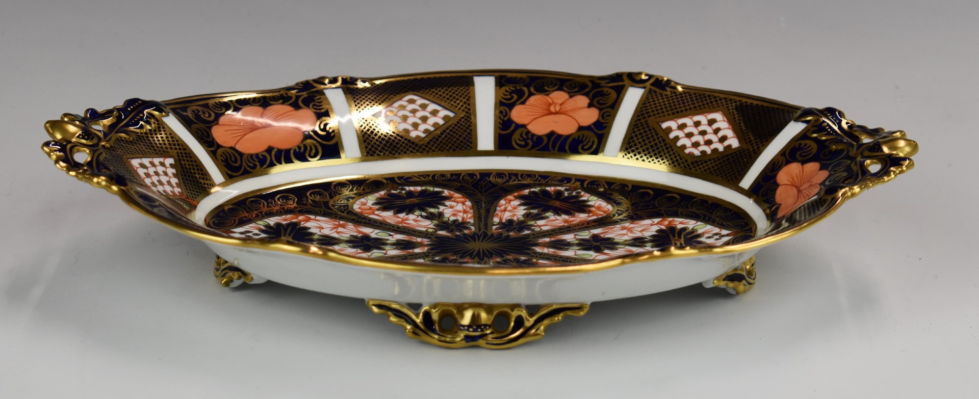 Royal Crown Derby Imari twin handled footed oval dish decorated in the 1128 pattern, 30 x 21cm