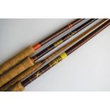 Fishing equipment comprising Swedish Arjon 9' split cane fly rod, Hardy Fibatube 10' with Hardy