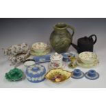 Collection of ceramics including French faience cow and cat, Aynsley fruit dish, Foley, Wedgwood,