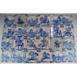 Approximately twenty three Delft blue and white tiles including mounted riders, shipping, fishing,