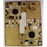 Ceramic studio pottery abstract plaque with two associated pottery cubes, by repute ex Roger Walters