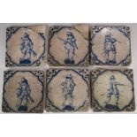 Six 17th/18thC Dutch Delft tiles decorated with soldiers, 13 x 13cm