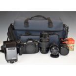 Canon EOS RT 35mm SLR camera outfit including 35-70mm and 75-300mm lenses, flashgun and an