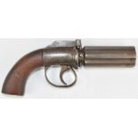 Unnamed percussion bar hammer action six-shot pepperbox pistol or revolver with wooden grips and 3.5