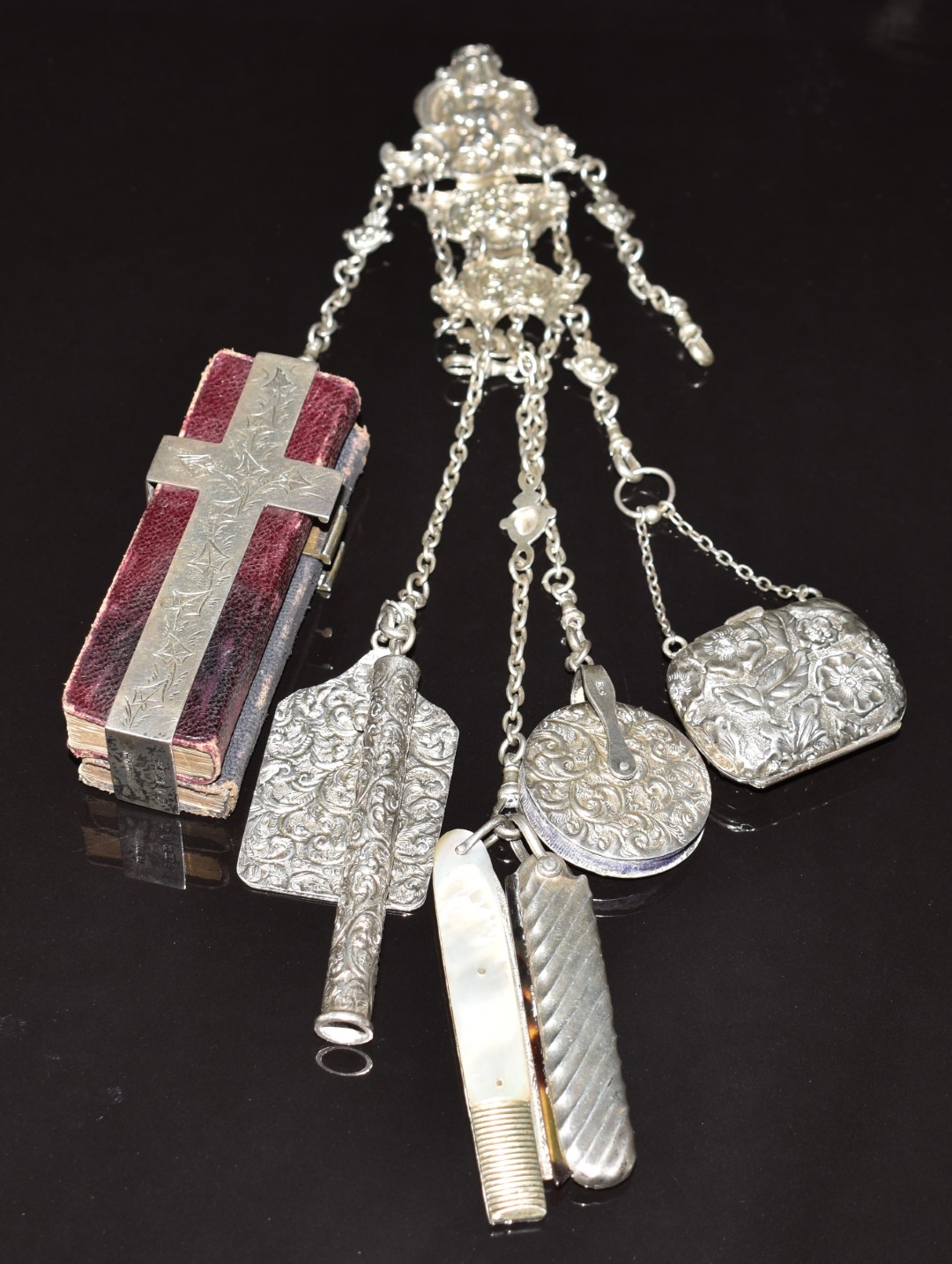 Victorian hallmarked silver chatelaine with embossed decoration to hanger, Birmingham 1890, maker' - Image 6 of 8
