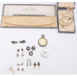A collection of jewellery including L B Toledo silver earrings set with turquoise, faux pearls,