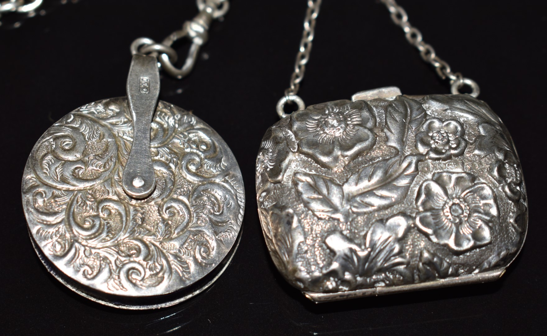 Victorian hallmarked silver chatelaine with embossed decoration to hanger, Birmingham 1890, maker' - Image 7 of 8