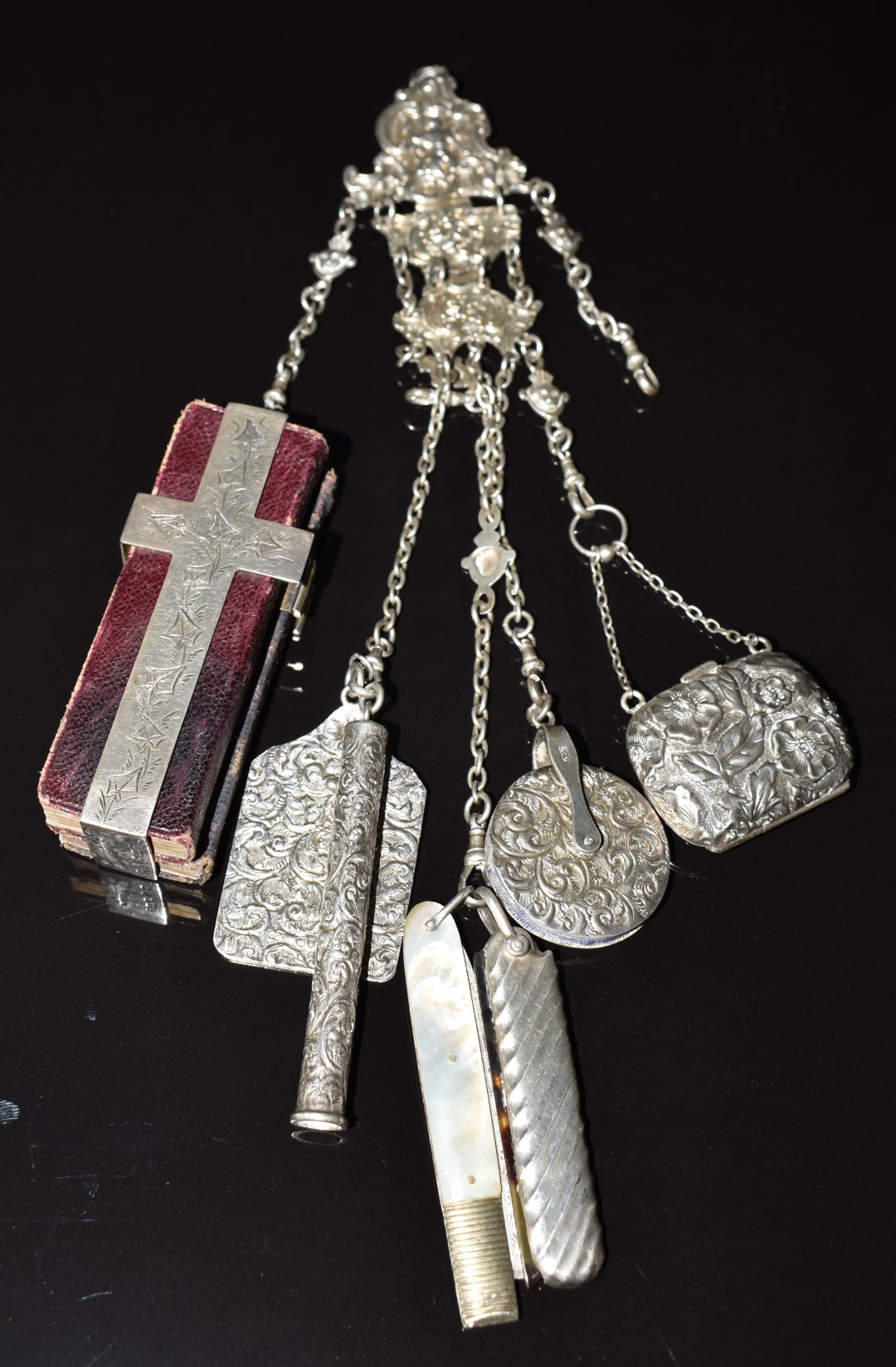 Victorian hallmarked silver chatelaine with embossed decoration to hanger, Birmingham 1890, maker' - Image 5 of 8