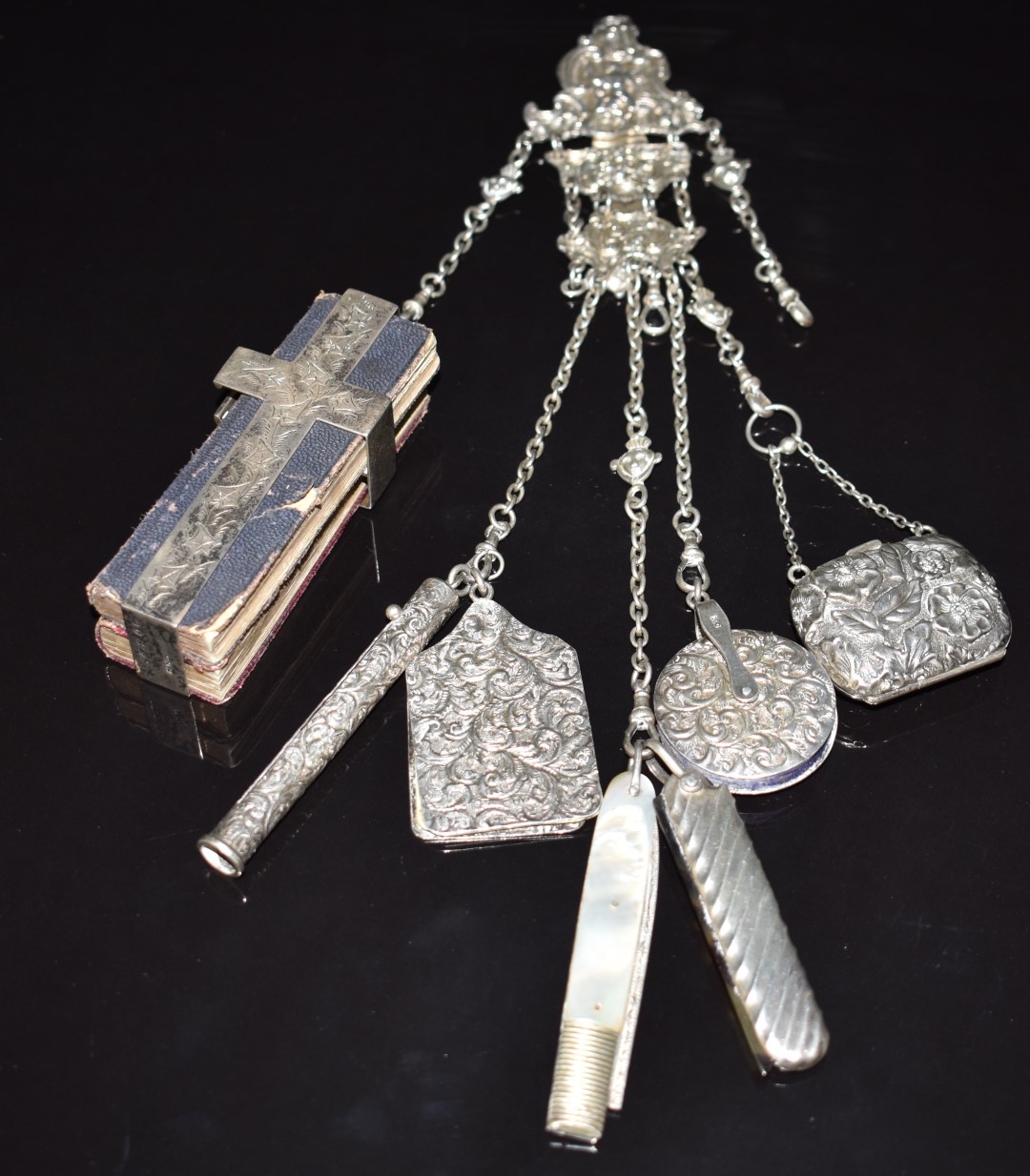 Victorian hallmarked silver chatelaine with embossed decoration to hanger, Birmingham 1890, maker'