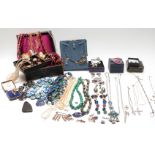 A collection of jewellery including silver chains, a pair of 14k gold earrings, malachite