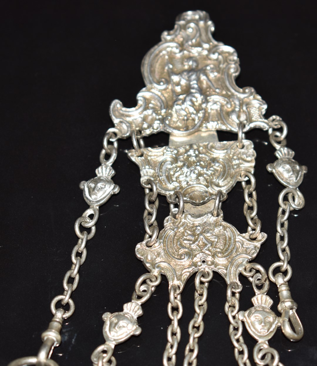 Victorian hallmarked silver chatelaine with embossed decoration to hanger, Birmingham 1890, maker' - Image 4 of 8