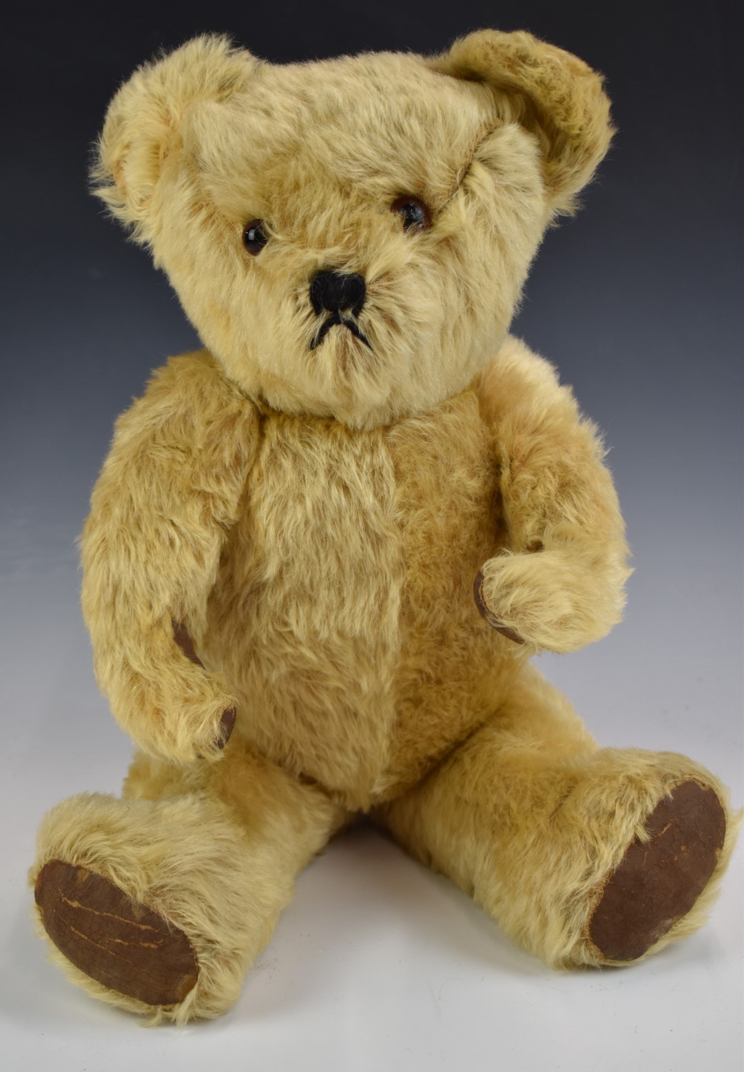 Fadap French Teddy bear with golden mohair, straw filling, disc joints, leather pads and stitched