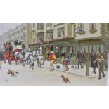 Cecil Aldin polychrome print of the Oxford Stagecoach outside the Mitre Hotel, 34 x 60cm
