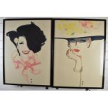 Rene Gruau pair of fashion prints of ladies, one wearing a hat, each 72 x 53cm, in black frames