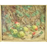 William Hughes (1842-1901) oil on canvas still life study of fruit in a woodland setting, signed and