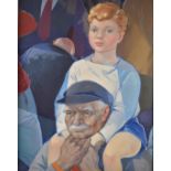 Attributed to Dan Stephen (Scottish 1921-2014) oil on canvas portrait boy atop his grandfather's