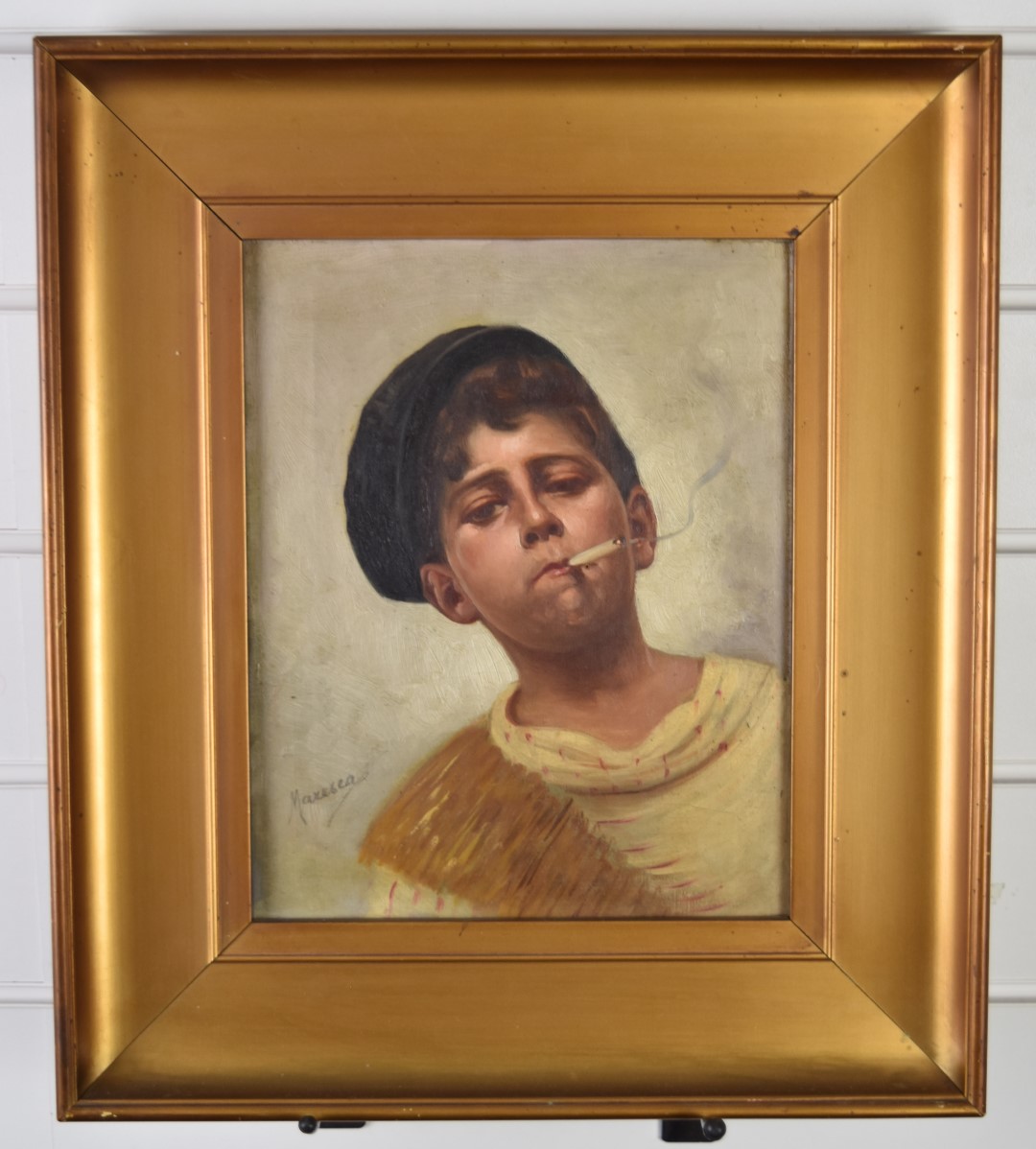 Vincenzo Maresca (19thC Italian) portrait of a boy smoking, signed lower left, 27 x 21cm, in gilt - Image 3 of 5