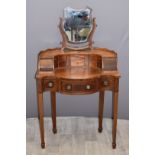 19th/20thC inlaid fruitwood Bonheur de Jour with serpentine front, arced arrangement of drawers