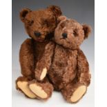 Two Steiff style Teddy bears each with growler, brown mohair, disc joints, straw or similar filling,