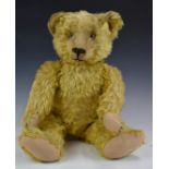 English Teddy bear with growler, blonde mohair, shaved snout, straw filling, disc joints, felt