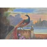 Harry Ayrton (Royal Worcester artist) watercolour of a peacock in a garden with lake beyond,