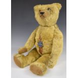 Chad Valley Grunter Teddy Bear with squeaker, blonde mohair, shaved snout, straw filling, disc