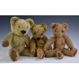 Three Chad Valley Teddy bears two with squeaker, all with blonde mohair, soft filling, disc