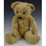 Merrythought Teddy bear with squeaker, blonde mohair, soft filling, disc joints, felt pads, stitched