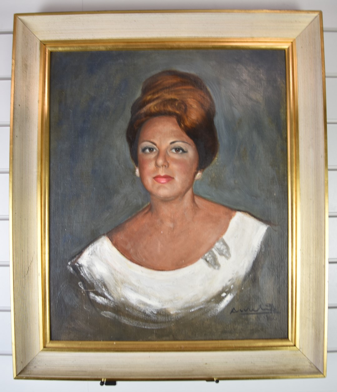 Oil on canvas portrait of a lady, indistinctly signed and dated 1966 lower right, 60 x 49cm, in part - Image 2 of 4