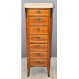 French ormolu or similar mounted inlaid chest of seven drawers with marble top, W41 x D25 x H120cm