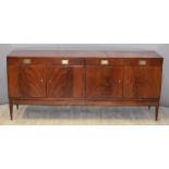 Mahogany mid century modern sideboard with campaign handles, W177 x D43 x H77cm