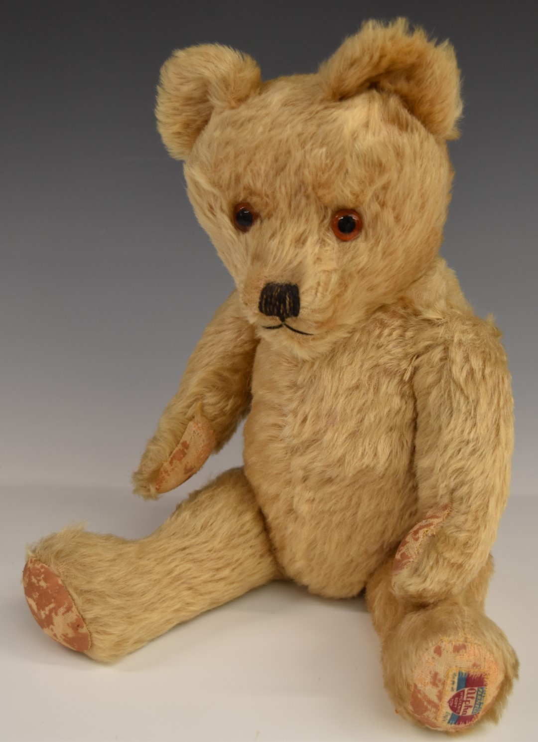 Farnell Alfa Teddy bear with blonde mohair, soft filling, disc joints, cloth pads, stitched features