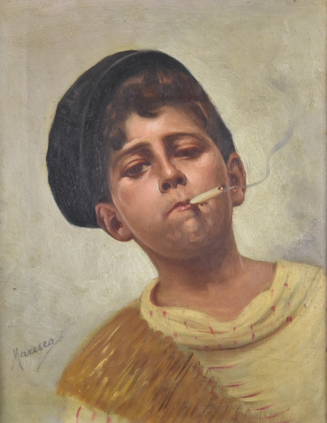 Vincenzo Maresca (19thC Italian) portrait of a boy smoking, signed lower left, 27 x 21cm, in gilt