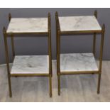 Pair of Italian marble two-tier occasional tables with brass supports, W34 x D34 x H61cm